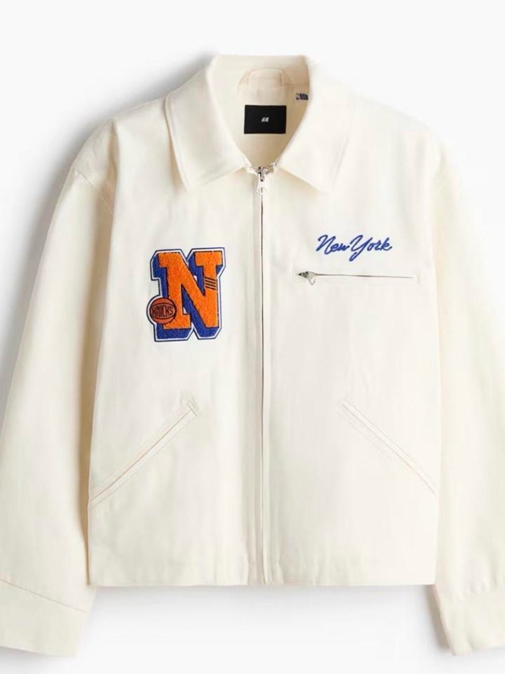 H&M Cream Zip-Front Varsity Jacket with Orange & Blue Patch